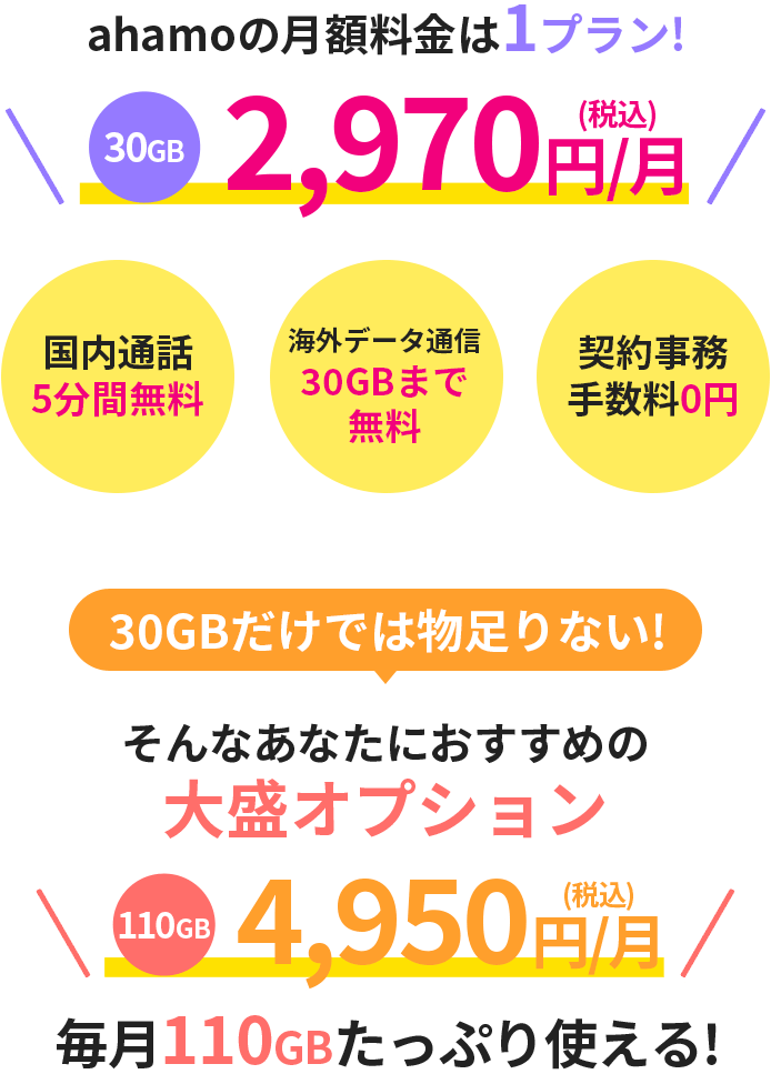 ahamoの月額料金は1プラン!30GB 2,970円/月(税込)