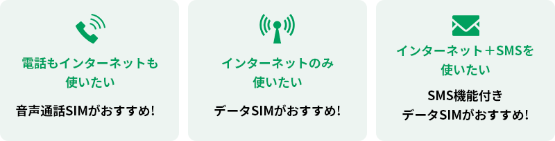 電話もインターネットも使いたい、インターネットのみ使いたい、インターネット+SMSを使いたい